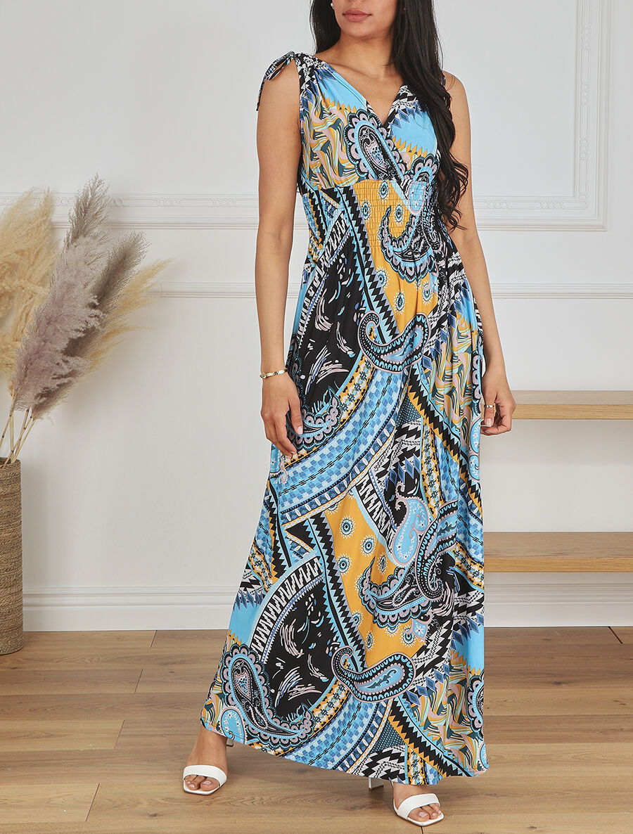 Robe longue élastiquée imprimé cachemire - Jaune - 4