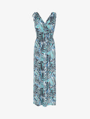 Robe longue élastiquée imprimé feuilles tropicales - Bleu canard - 1