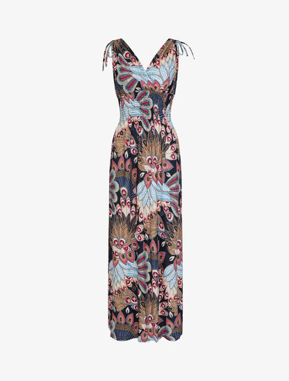 Robe longue à bretelles imprimé plume de paon - Bleu/rose - 1