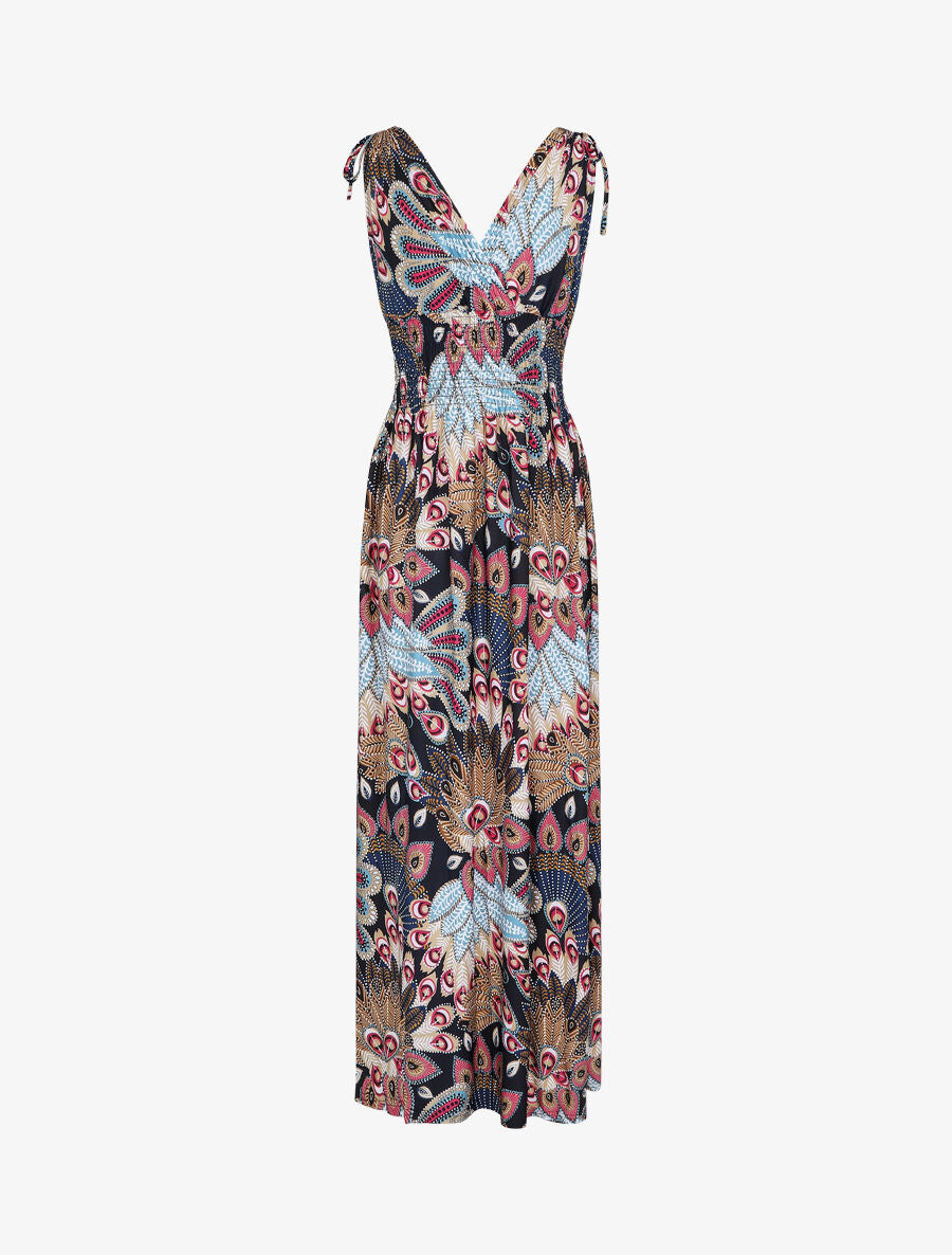 Robe longue à bretelles imprimé plume de paon - Bleu/rose - 2