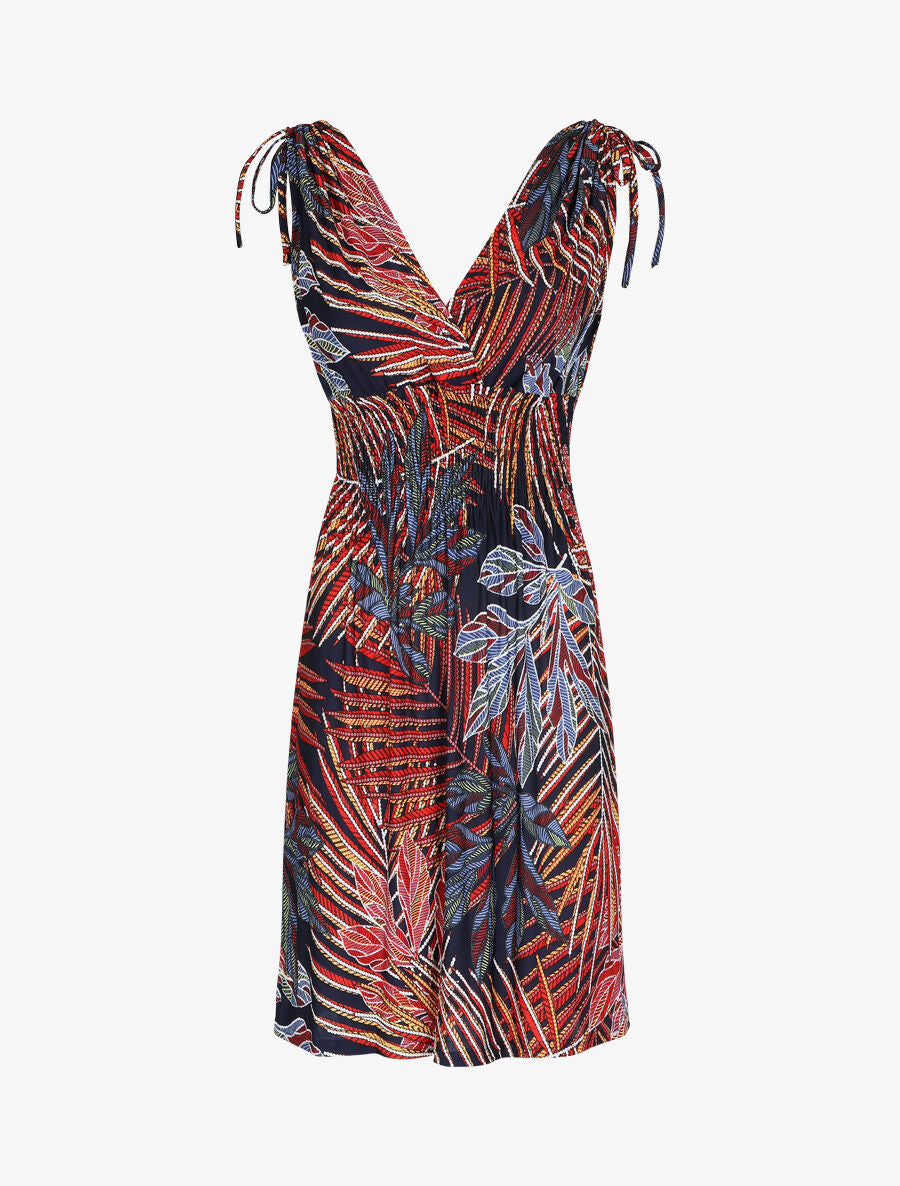 Robe mi-longue élastiquée imprimé feuilles exotiques - Rouge - 5