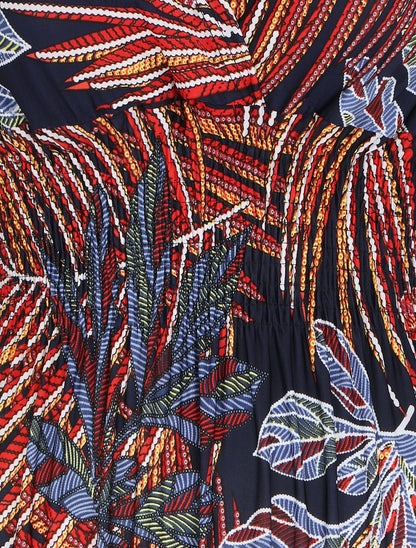 Robe mi-longue élastiquée imprimé feuilles exotiques - Rouge - 3
