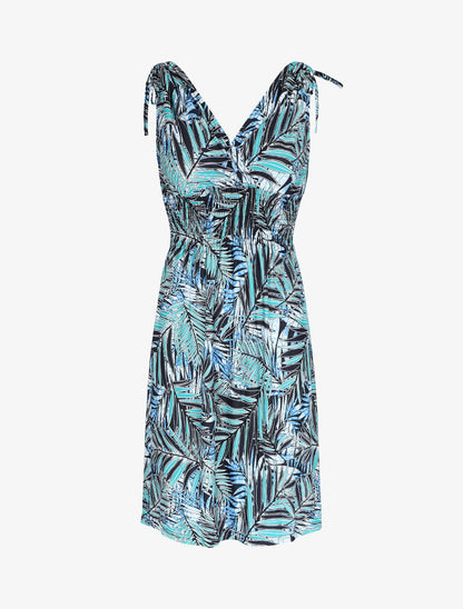 Robe mi-longue élastiquée imprimé feuilles tropicales - Turquoise - 1