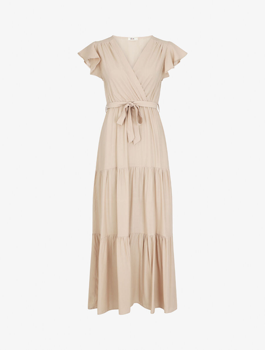 Robe longue unie manches courtes - Beige - 5