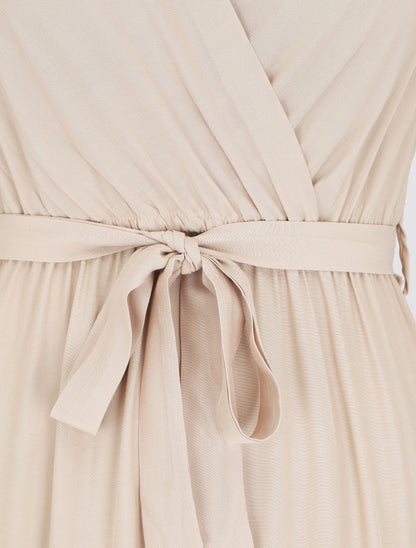 Robe longue unie manches courtes - Beige - 3