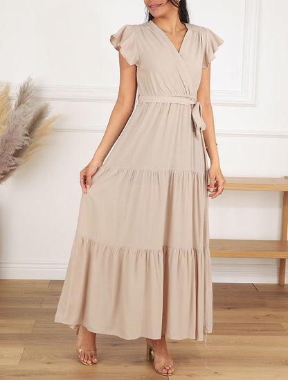 Robe longue unie manches courtes - Beige - 4