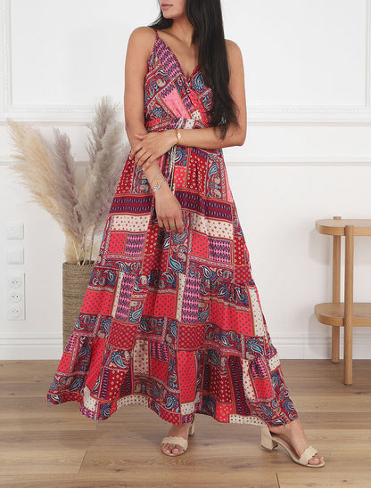 Robe longue style patchwork à bretelles - Rouge - 4