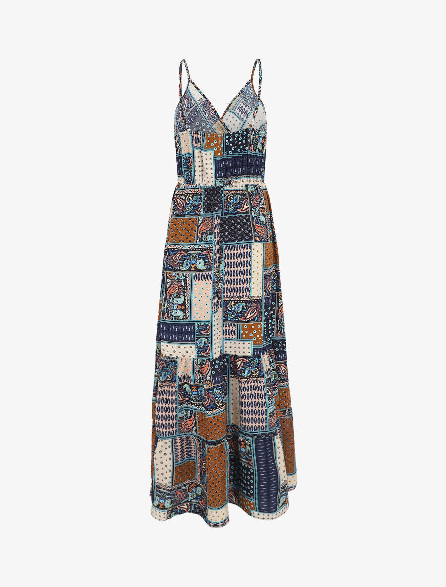 Robe longue style patchwork à bretelles - Marine - 2
