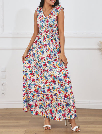 Robe longue évasée imprimé floral - Blanc - 4