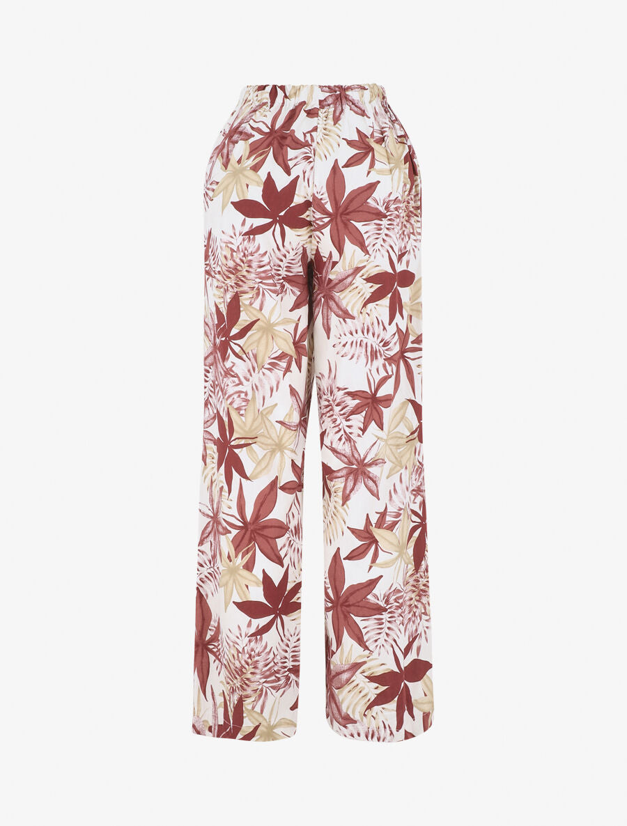 Pantalon à taille élastiquée imprimé feuilles - Bordeaux - 2