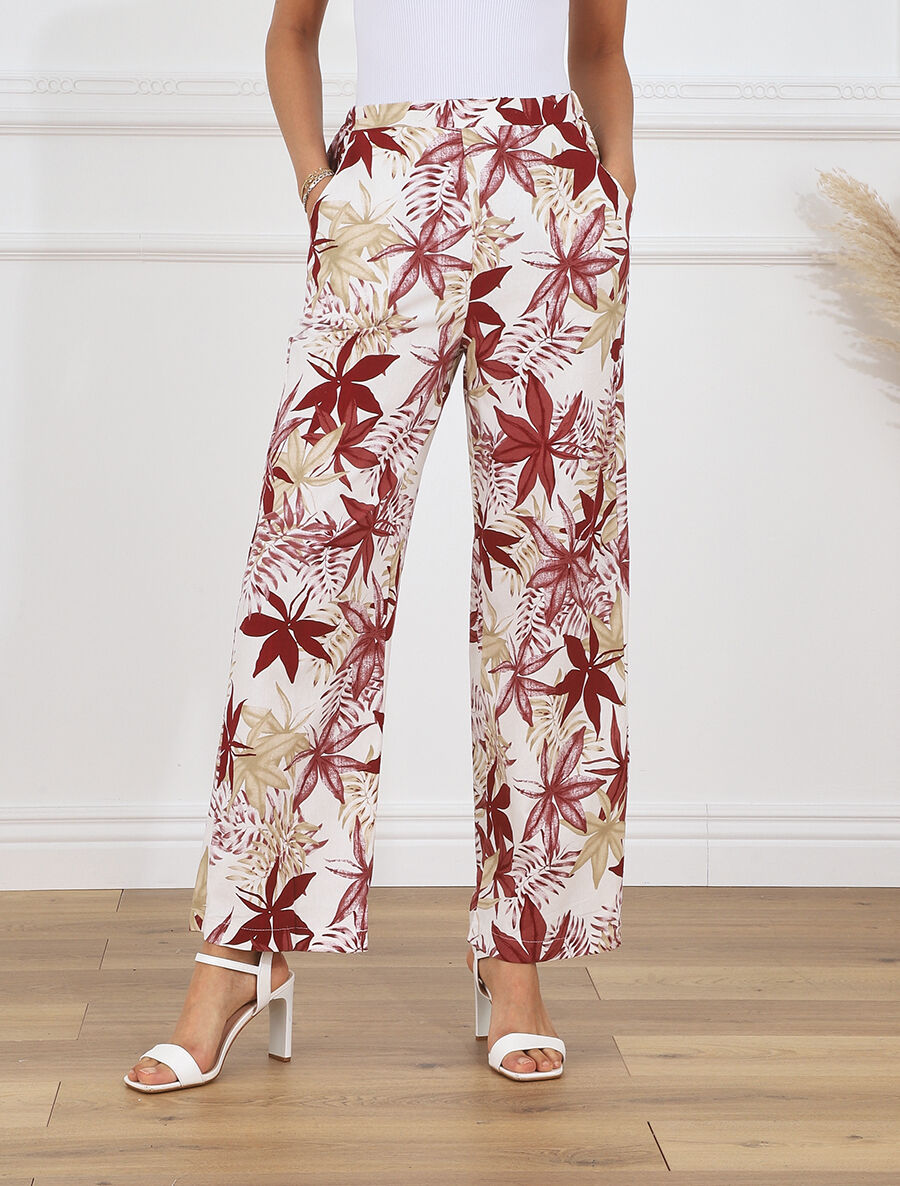 Pantalon à taille élastiquée imprimé feuilles - Bordeaux - 4