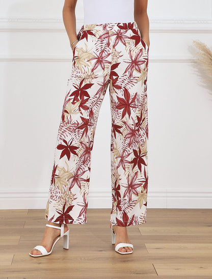 Pantalon à taille élastiquée imprimé feuilles - Bordeaux - 4