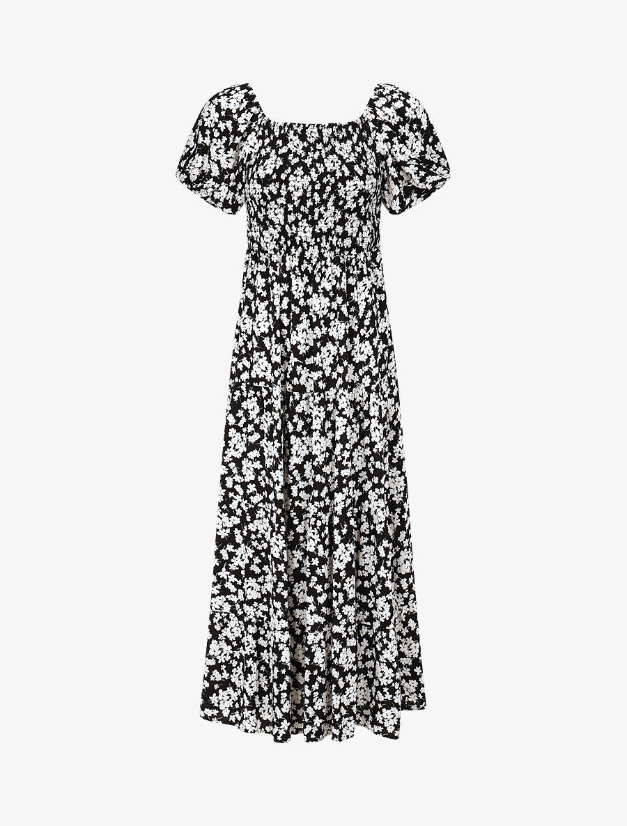 Robe imprimé fleuri à manches élastiquées - Noir - 1
