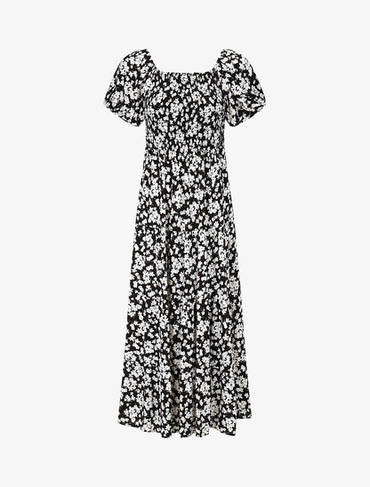 Robe imprimé fleuri à manches élastiquées - Noir - 1