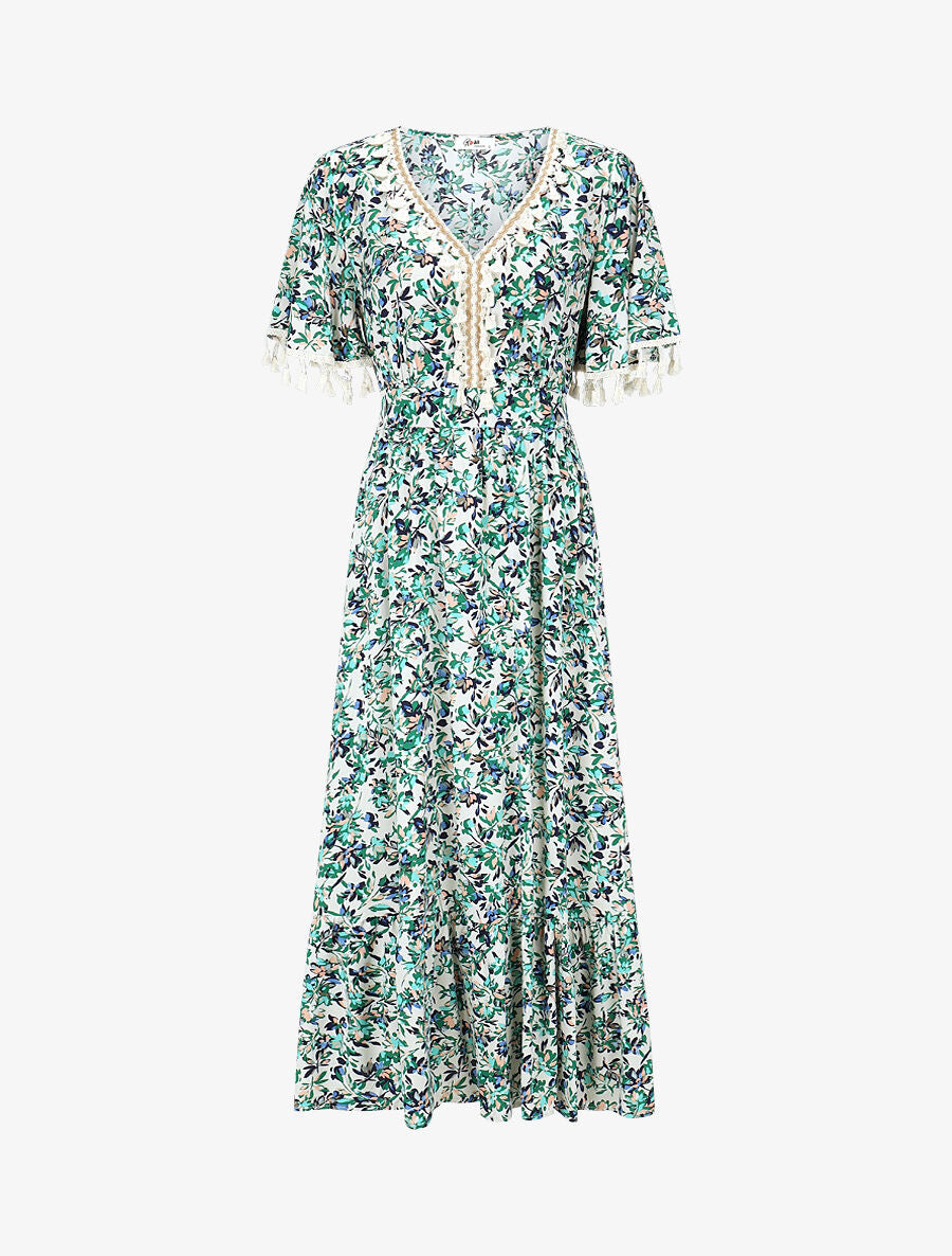 Robe imprimé fleuri à détail pampilles - Vert - 1