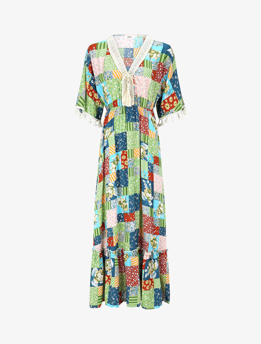 Robe imprimé patchwork à détail pampilles - Vert - 4