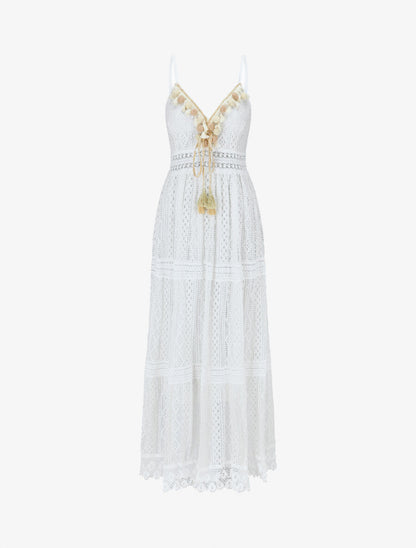 Robe longue crochet à détail pompons - Blanc - 1