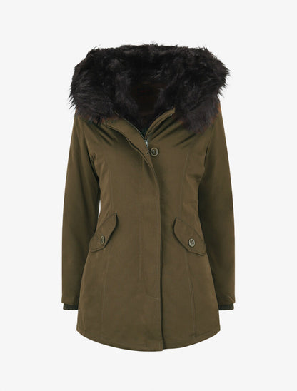 Parka uni à fourrure synthétique amovible - Kaki/noir - 1