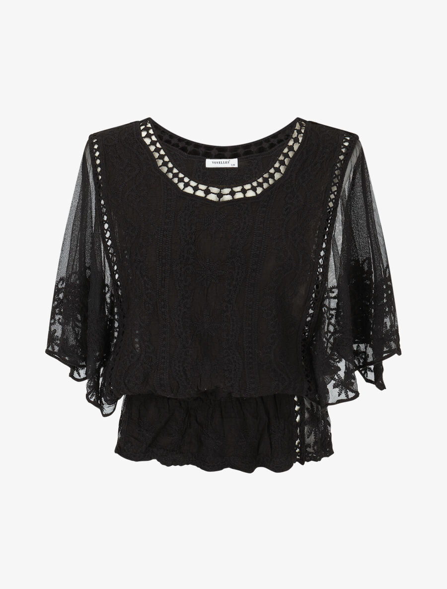 Blouse unie en résille et brodée - Noir - 1
