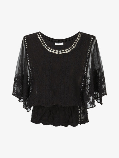 Blouse unie en résille et brodée - Noir - 1