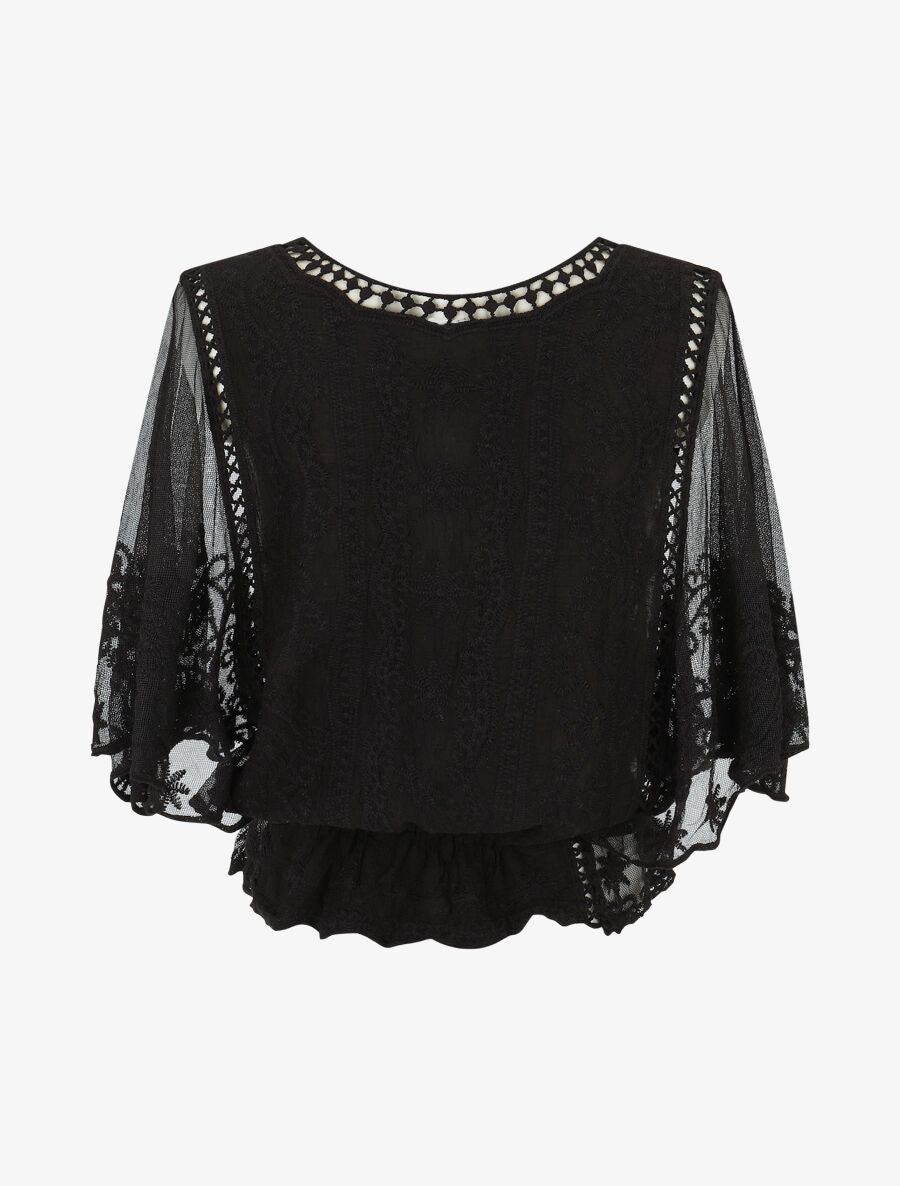 Blouse unie en résille et brodée - Noir - 2