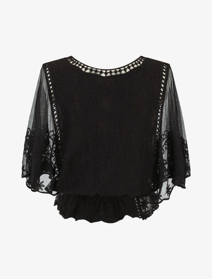 Blouse unie en résille et brodée - Noir - 2
