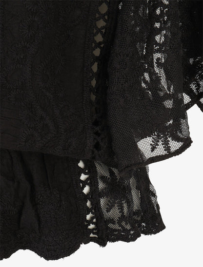 Blouse unie en résille et brodée - Noir - 3