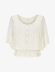 Blouse unie en résille et brodée - Beige - 4