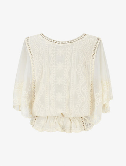 Blouse unie en résille et brodée - Beige - 2