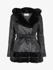 Manteau en simili à empiècement en fausse fourrure - Noir - 1