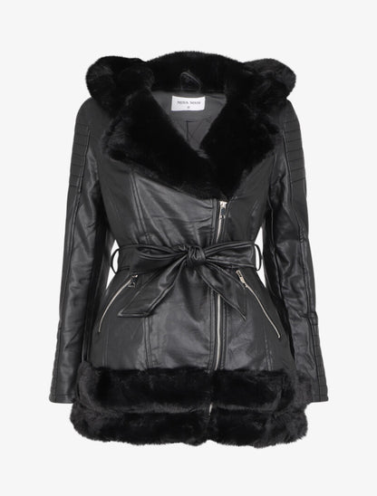 Manteau en simili à empiècement en fausse fourrure - Noir - 1