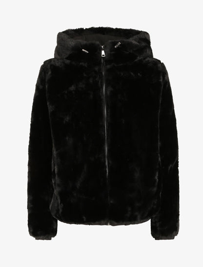 Manteau à capuche en fausse fourrure - Noir - 1