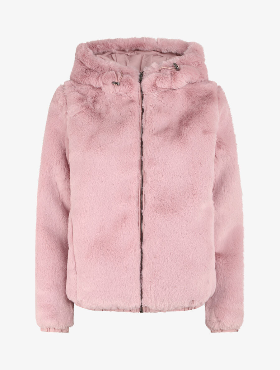 Manteau à capuche en fausse fourrure - Rose poudré - 1