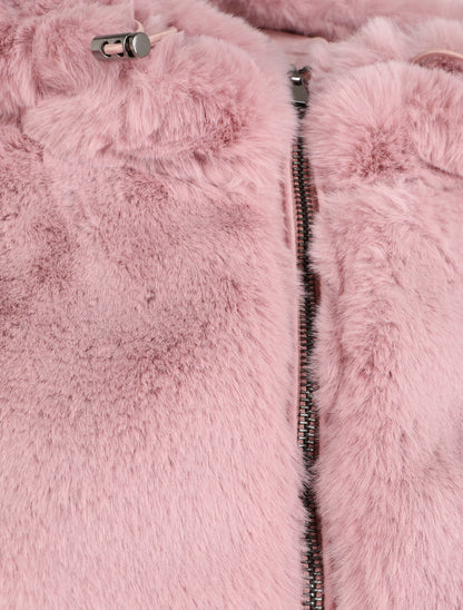 Manteau à capuche en fausse fourrure - Rose poudré - 3