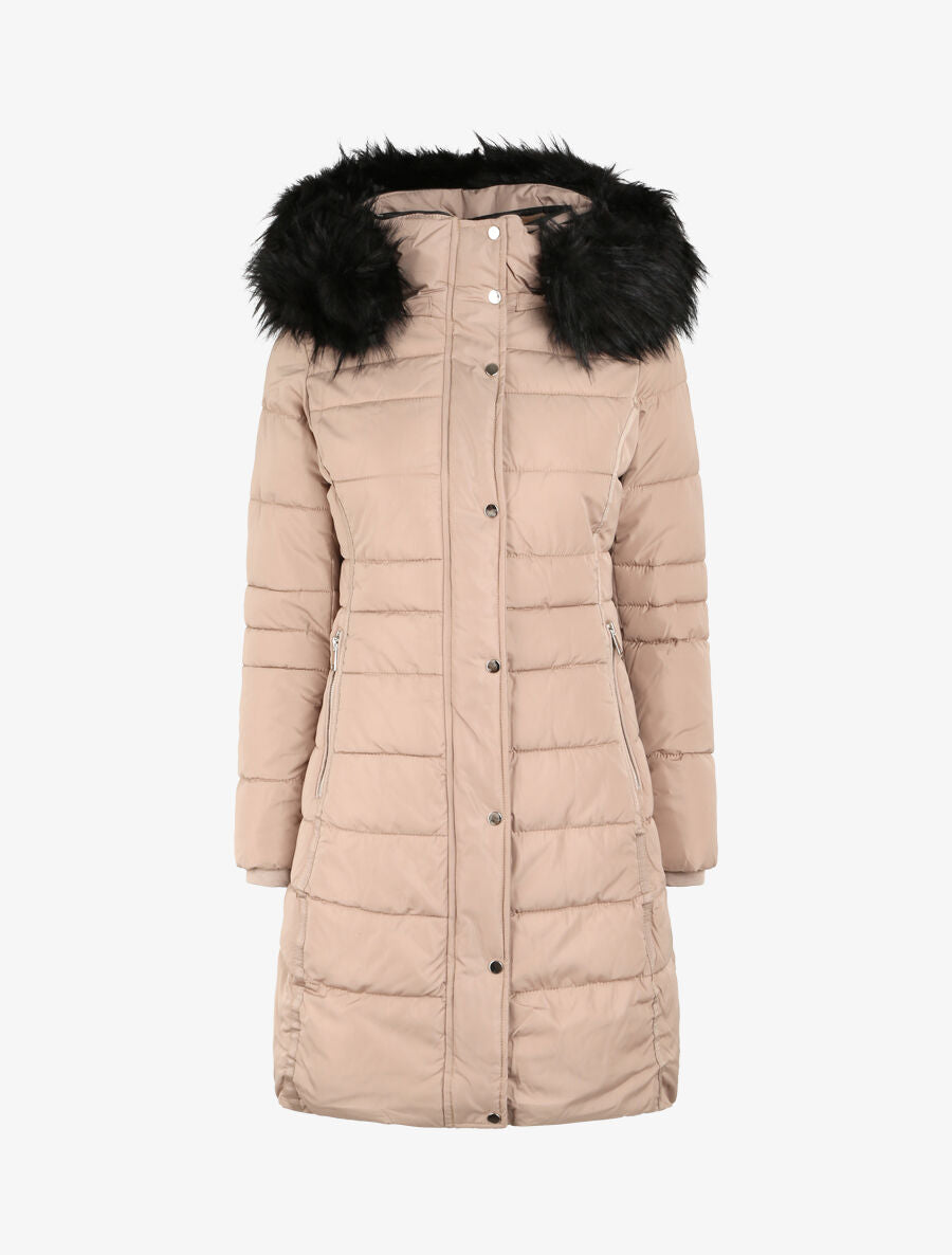 Doudoune cintrée à capuche à détail fausse fourrure - Beige - 1