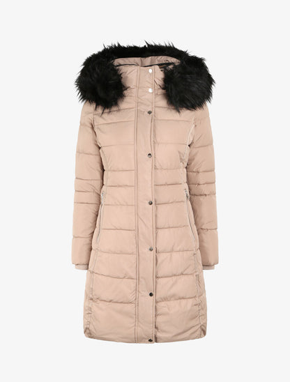 Doudoune cintrée à capuche à détail fausse fourrure - Beige - 1