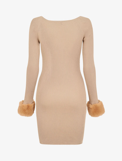 Robe pull à encolure coeur et poignets en fausse fourrure - Beige - 2