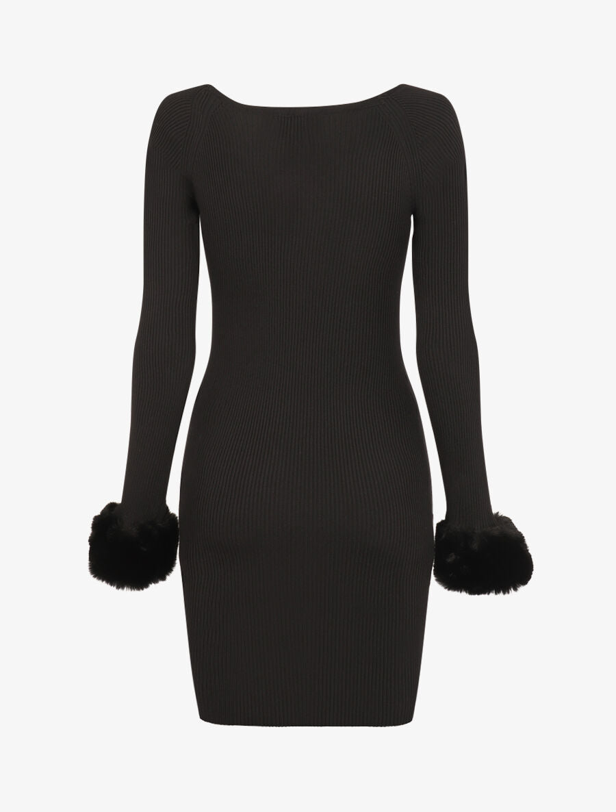 Robe pull à encolure coeur et poignets en fausse fourrure - Noir - 2