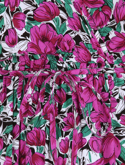 Robe longue empire à mancherons imprimé tulipes - Violet - 3