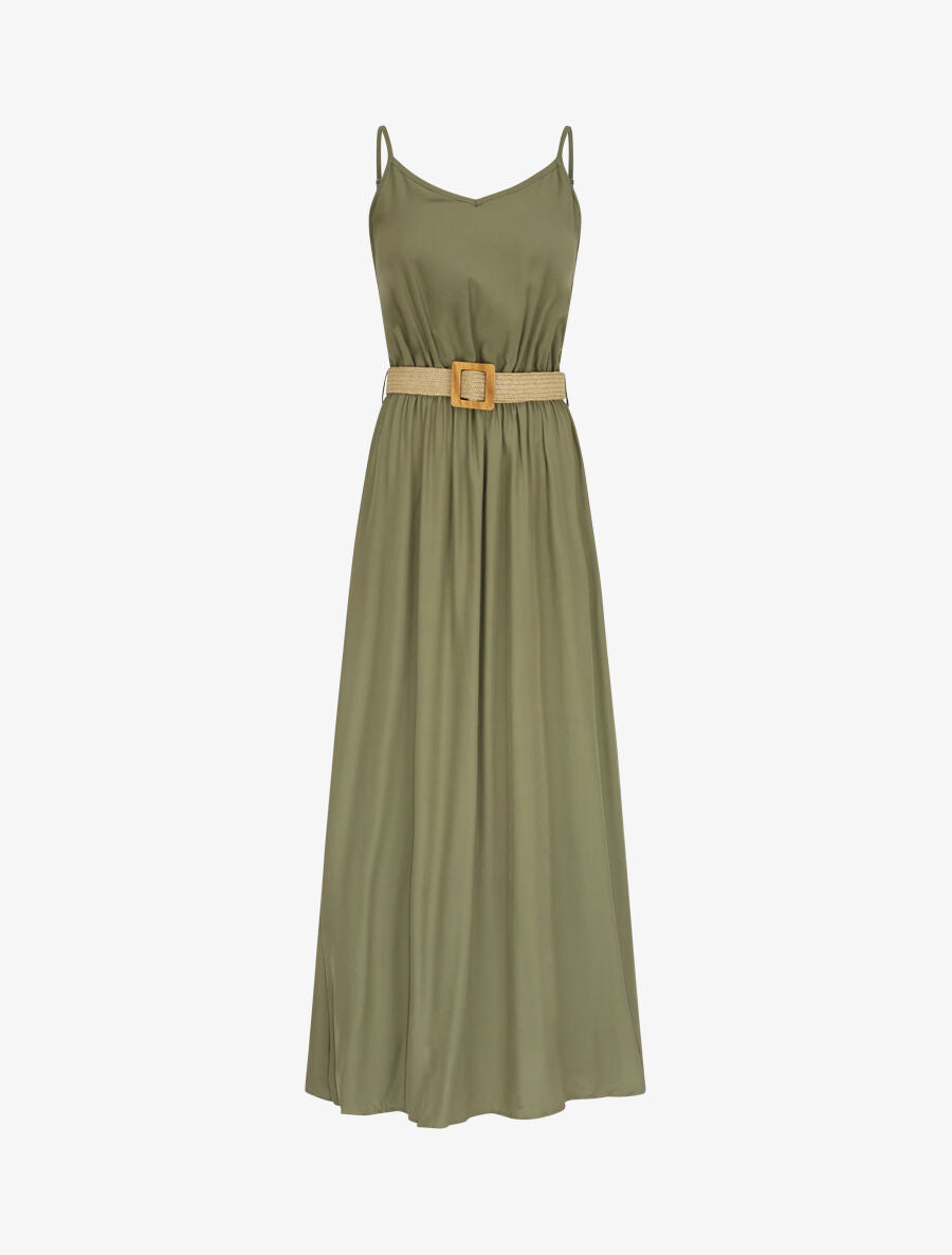 Robe longue unie à bretelles fines - Kaki - 4