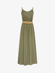 Robe longue unie à bretelles fines - Kaki - 4