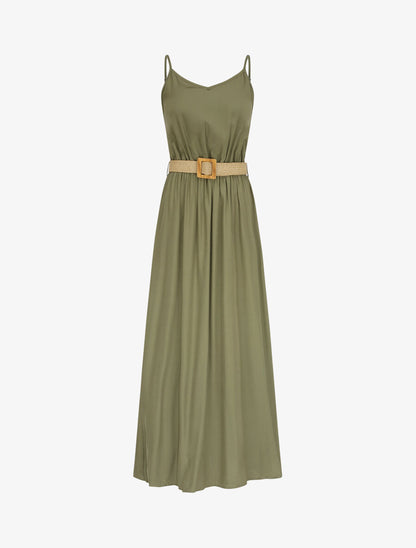 Robe longue unie à bretelles fines - Kaki - 4