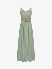 Robe longue unie à bretelles fines - Vert olive - 1
