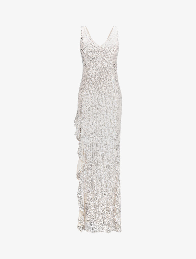 Robe longue à sequins et fente volantée - Beige - 1