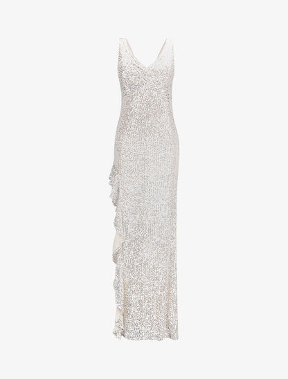 Robe longue à sequins et fente volantée - Beige - 1