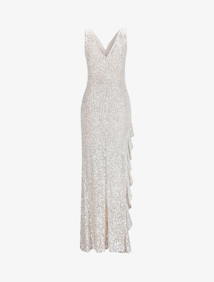 Robe longue à sequins et fente volantée - Beige - 2