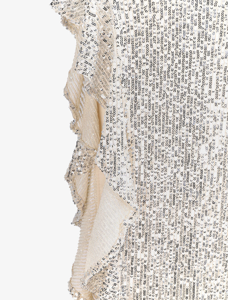 Robe longue à sequins et fente volantée - Beige - 3