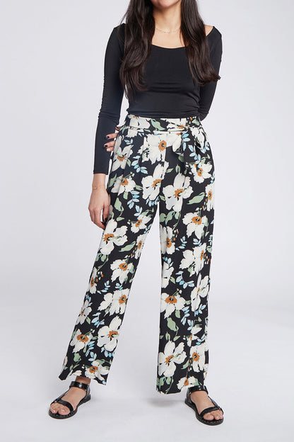 Pantalon wide leg imprimé hibiscus - Noir - 4