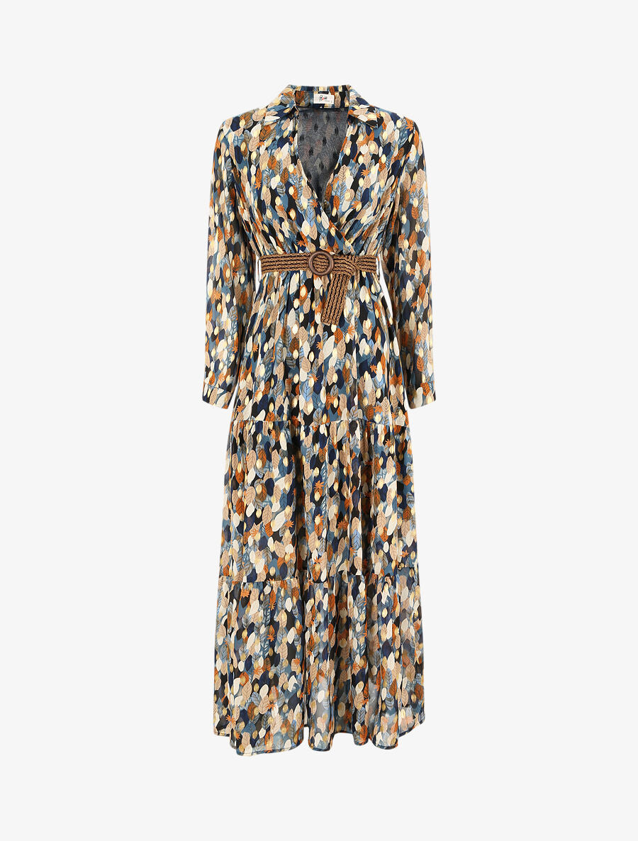 Robe longue cache-coeur à imprimé feuilles stylisées - Marine - 2