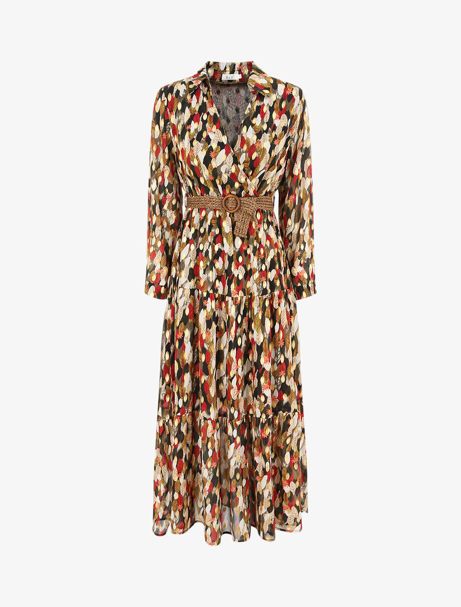 Robe longue cache-coeur à imprimé feuilles stylisées - Kaki - 1